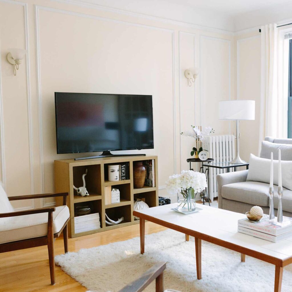 Bright, tidy living room with a TV, shelves, sofa, and coffee table.
