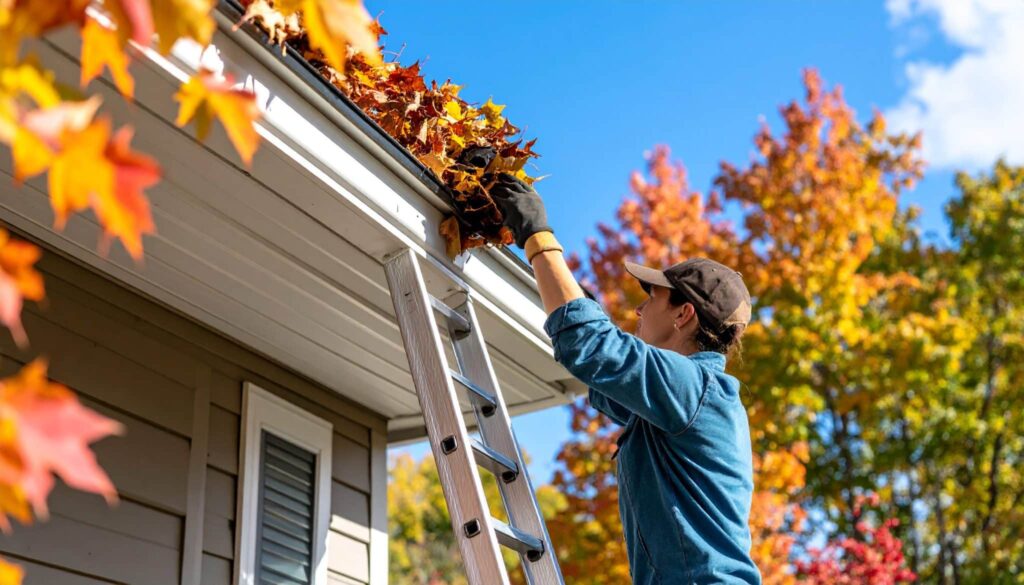 Person removing leaves from a gutter in autumn.